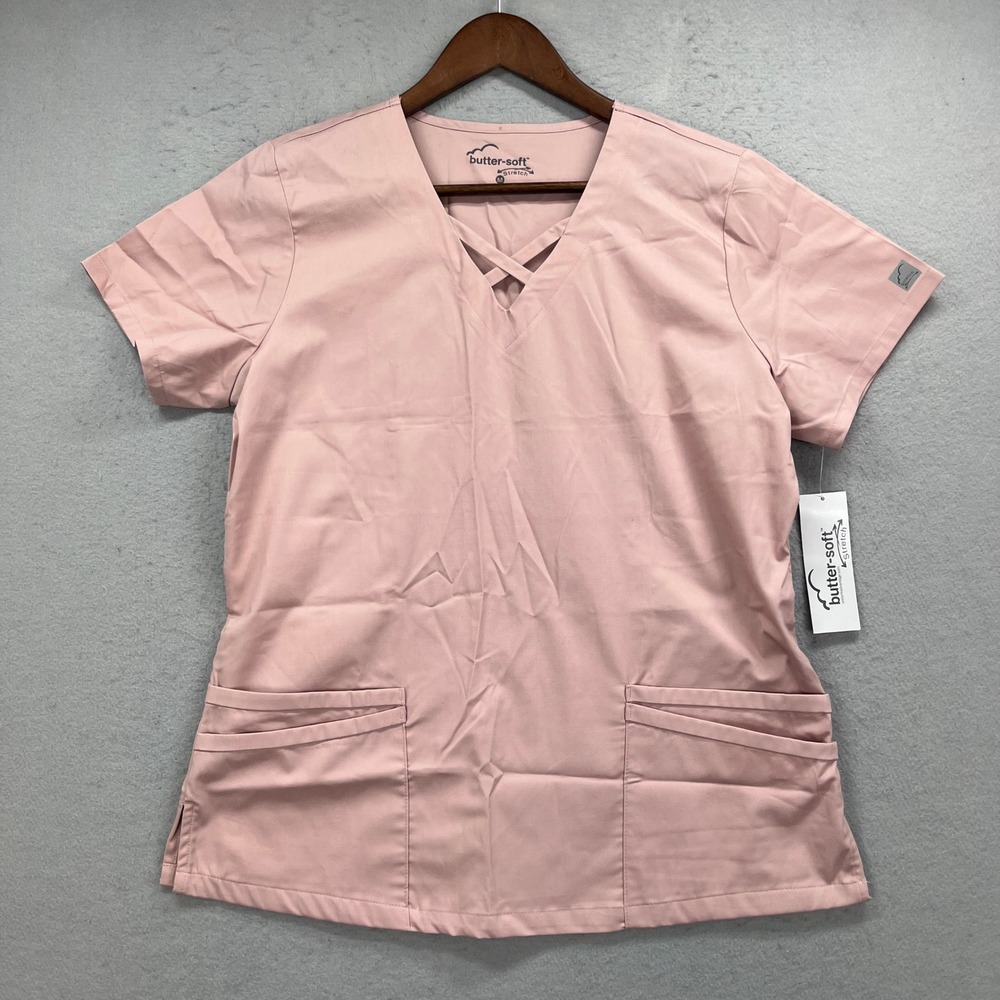 Butter Soft Scrub Top Womens M Pink Crisscross V-Neck Stretch Nurse Wear Medical